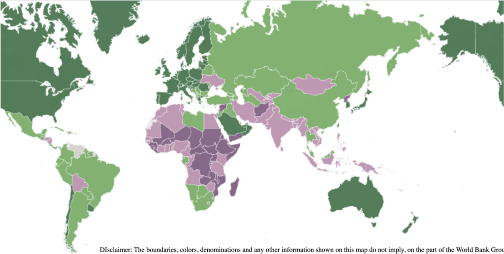 The World Bank's classification of countries by income (deep purple being the lowest income)